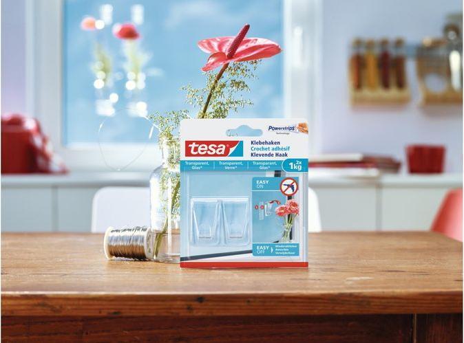 Actual product image tesa Adhesive hooks for glass, 1kg holding capacity, can be removed without a trace & reused, 2 hooks
