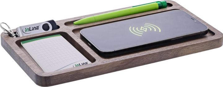 Actual product image InLine WoodCharge - Organiser with integrated Qi charging surface made of walnut wood (15 W)