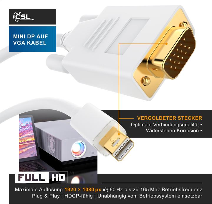 Immagine prodotto CSL Cavo audio-video da mini Displayport a VGA, adattatore per monitor miniDP / compatibile con (3 m, DisplayPort, VGA)
