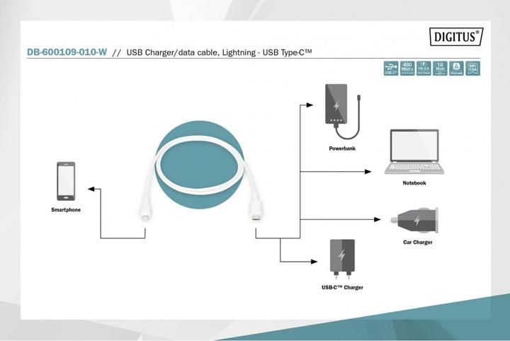 Actual product image Digitus Data / Charger Cable, USB-C - Lightning, MFI (1 m, USB 2.0)
