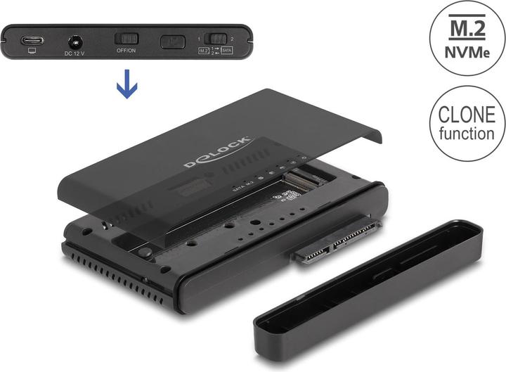 Actual product image Delock USB Type-C converter for 1 x M.2 NVMe SSD + 1 x SATA SSD / HDD