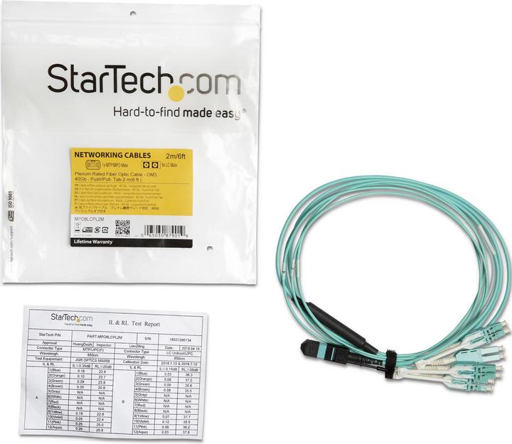 Produktbild StarTech MPO8LCPL2M Glasfaserkabel MPO/MTP 8x LC OM3 Aqua-Farbe (2 m)