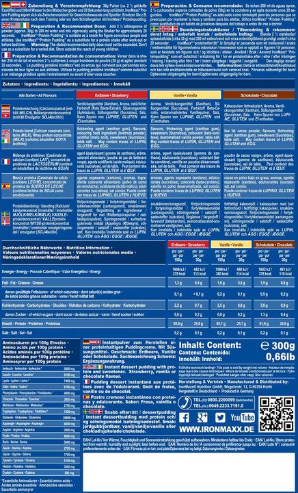 Valeurs nutritives et ingrédients IronMaxx Pudding aux protéines (Chocolat, 1 pcs, 300 g)