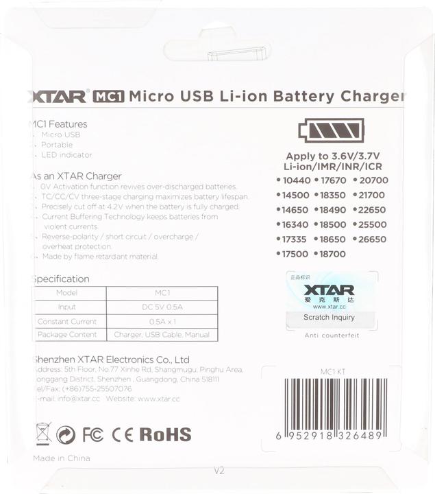Actual product image Xtar USB charger with up to 0.5Ah charging current (1 pcs., Chargers without battery)