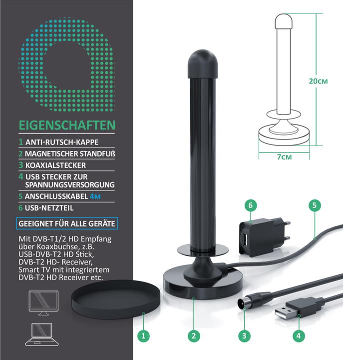 Produktbild Aplic DVB-T2 HD Antenne aktiv (Stabantenne, 25 dB, DVB-T / -T2)