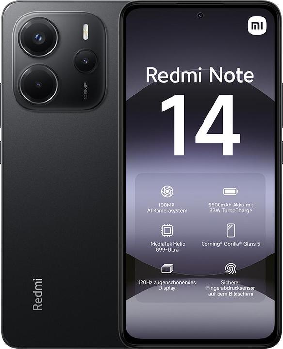 Image du produit Xiaomi Redmi Note 14 (128 Go, Midnight Black, 6.67", Double SIM hybride, 108 Mpx, 4G)