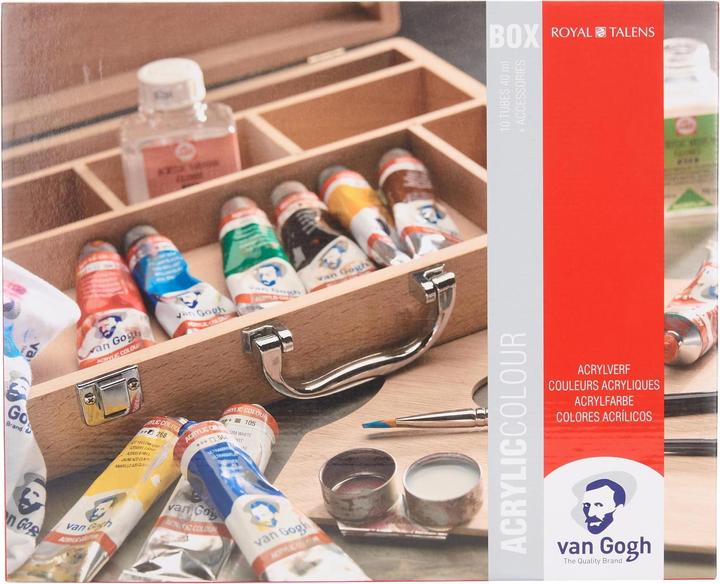 Produktbild Van Gogh Holzkasten Acrylfarben Basic (Weiss, Dunkelgelb, Gelb, Grün, Blau, Rosa, Schwarz, Rot, Braun, Dunkelblau, 175 ml)