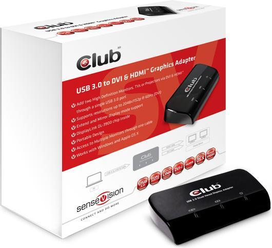 Image du produit Club 3D SenseVision USB3.0 to DVI-I & HDMI Graphics Adapter (HDMI, DVI, 6.40 cm)