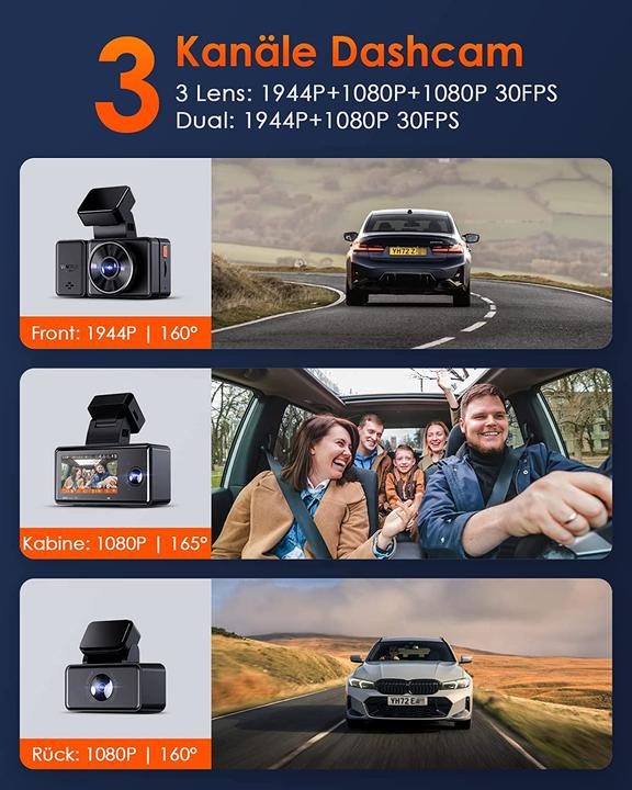 Produktbild Vantrue E3 3 Lens Dashcam 5GHz (Akku, Eingebautes Display, Eingebautes Mikrofon, Nachtsicht, GPS-Empfänger)
