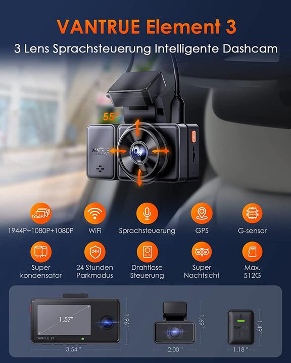 Produktbild Vantrue E3 3 Lens Dashcam 5GHz (Akku, Eingebautes Display, Eingebautes Mikrofon, Nachtsicht, GPS-Empfänger)