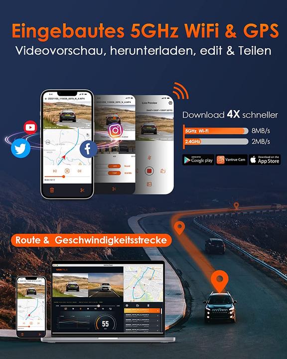 Produktbild Vantrue E3 3 Lens Dashcam 5GHz (Akku, Eingebautes Display, Eingebautes Mikrofon, Nachtsicht, GPS-Empfänger)