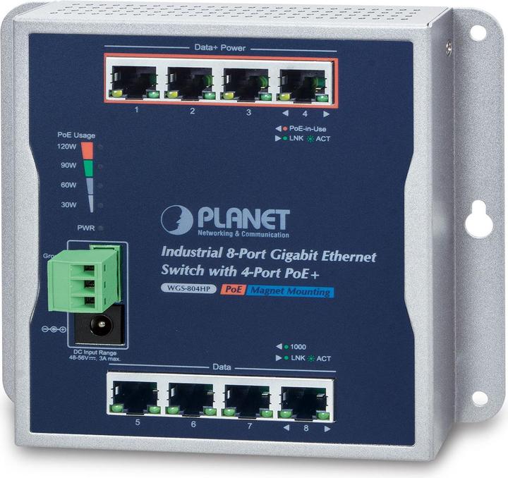 Immagine prodotto Planet Interruttore a parete IP30 8 porte Gigabit 4 porte 802.3AT POE+ da -10 a 60 C 48-56V (8 Porti)