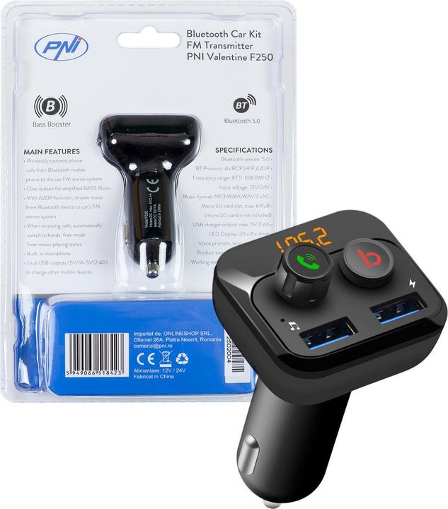 Actual product image PNI FM modulator Valentine F250 Bluetooth 5.0, MP3 player, FM transmitter, micro SD slot, dual