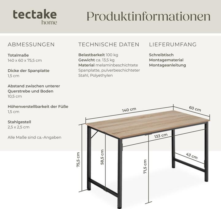 Immagine prodotto tectake Scrivania Jenkins (140 x 60 x 75,5 cm)
