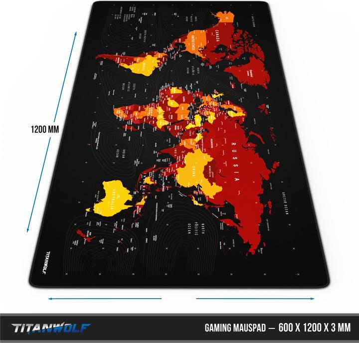 Produktbild Titanwolf Gaming Mauspad, XXXL Speed Mausmatte 1200 x 600 mm, Geschwindigkeit & Präzision, Weltkarte rot