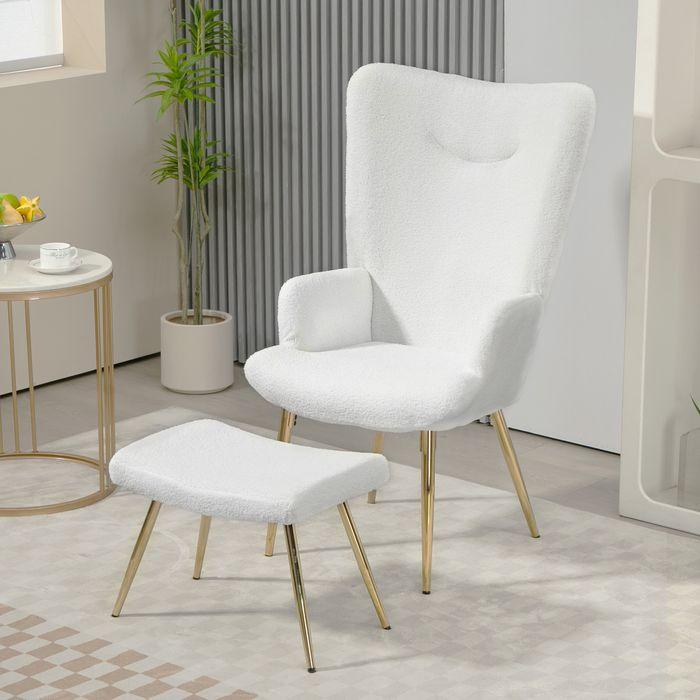 Produktbild Swisshandel24 Ohrensessel mit Hocker, Sessel mit Sherpa-Bezug, Hohe Rückenlehne, Weiss