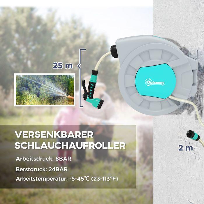 Immagine prodotto Swisshandel24 Schlauchtrommel mit Gartenschlauch 25m, Wandmontage, automatische Aufrollung, Handbrause, Grün+Grau (25 m)