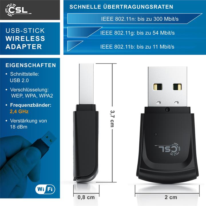 Produktbild CSL WLAN Dongle, 300 Mbit/s USB Stick WiFi Adapter 2,4 Ghz 2T2R, Verstärkung 18 dBm, WEP WPA WPA2 (USB 2.0)