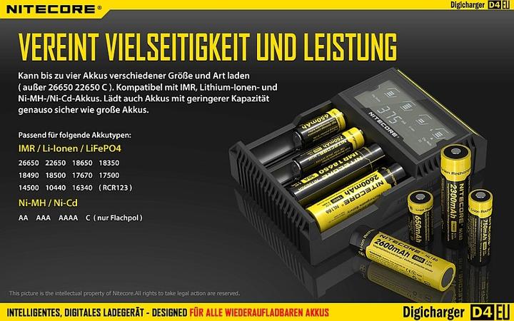 Actual product image Nitecore Digicharger D4EU - EU version (1 pcs., RCR123A, AA, AAA, C, Chargers without battery)