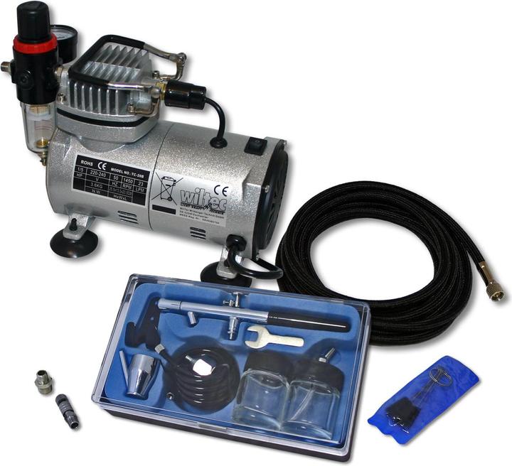 Actual product image Wiltec Airbrush Compressor Set with 1 Gun AS18-2 for Beginners