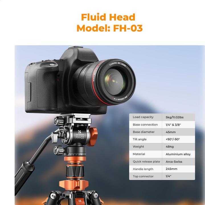 Actual product image K&F Concept K234A7+FH-03 Magnesium Aluminum Alloy Tripod (Metal)