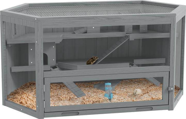 Produktbild PawHut Hamsterkäfig Tannenholz, PS-Plexiglas Grau