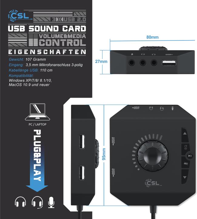 Actual product image CSL external USB sound card (USB 2.0)