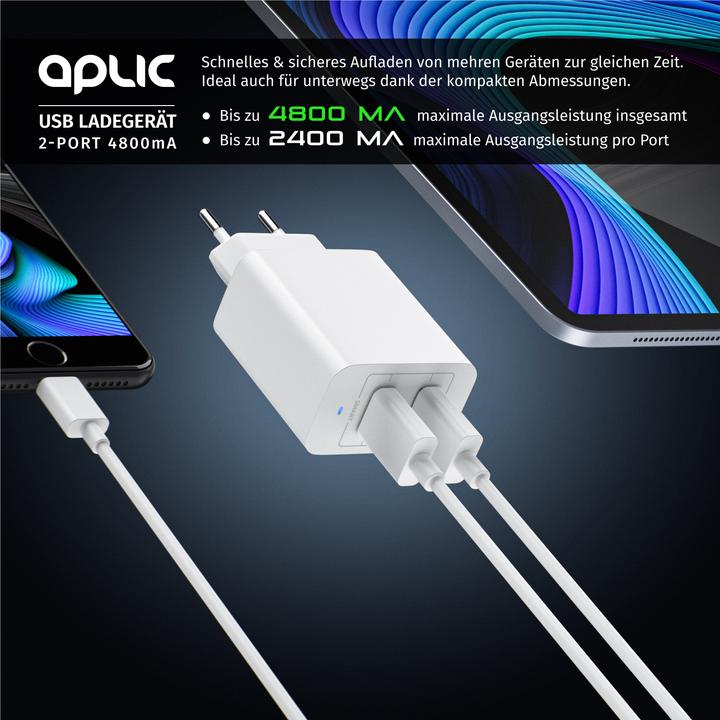 Actual product image Aplic USB charger 4800 mA, 2 port power supply for mobile/smartphone/tablet, 4800mA - 2400mA per port (28 W)