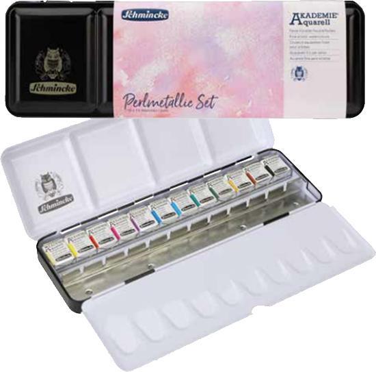 Produktbild Schmincke Aquarellfarbe Horadam Metallkasten Perlmetallic-Töne (Perlblau, Perlgrün, Perlrot, Perlgelb, Perlgrün hell, Perlbraun, Perlviolet, Perlblau hell, Perlrot hell, Perlmagenta, Perlbraun hell)