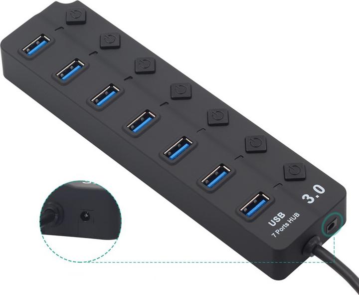 Image du produit Apfelkiste USB 3.0 Hub Adapter mit USB Port Steuerung Tastenschalter 5GB/s, 7 Ports (USB-A, 7 Ports)