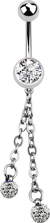 Image du produit Star Piercing Banane argentée avec chaîne et deux boules de cristal argentées (Acier chirurgical 316L, sans laiton)