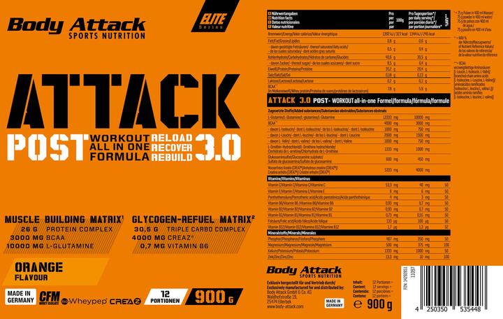 Nutritional values and ingredients Body Attack Post Attack 3.0 (900g can) (Orange, 1 pcs., 900 g)
