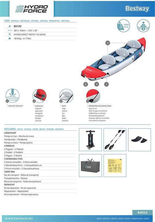 Label énergétique Bestway Hydro Force Kit kayak gonflable 3 person nes Rapid X3 3,81 m (3 pers.)