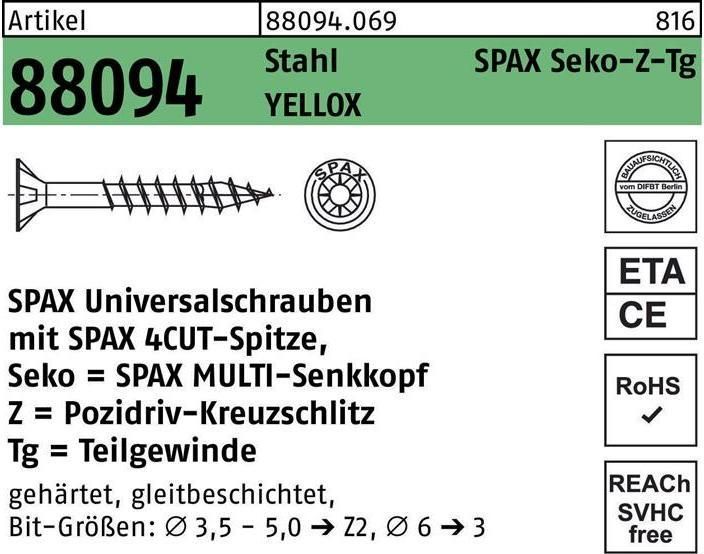 Actual product image Spax Screw R 88094 Countersunk head w.point/cross recess -PZ 5 x 70/41-Z Steel galvanised yellow (200 Screws per piece)