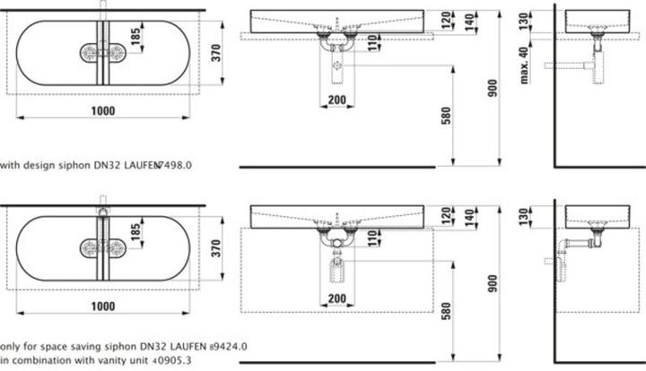 Produktbild Laufen Sonar Doppelwaschtisch-Schale, ohne Hahnloch, ohne Überlauf, 1000x370mm, inkl. Keramikabdeck (370 mm, 1000 mm)
