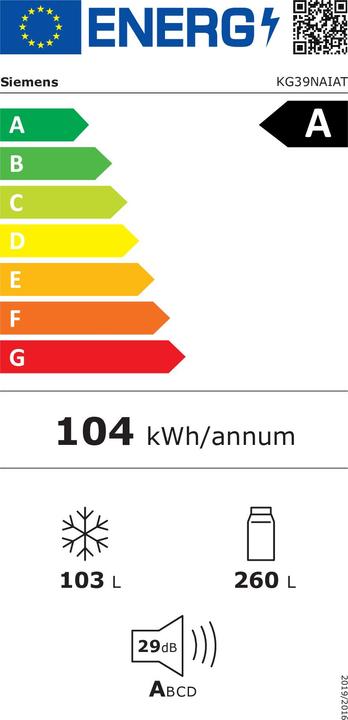 Label énergétique Siemens KG39NAIAT (363 l)