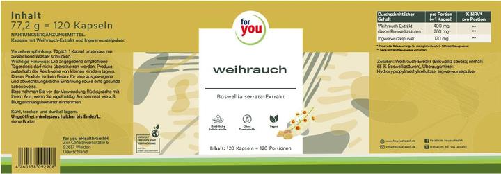Valori nutrizionali e ingredienti For You incenso (120 Pezzo/i, Pillole, 77.20 g)