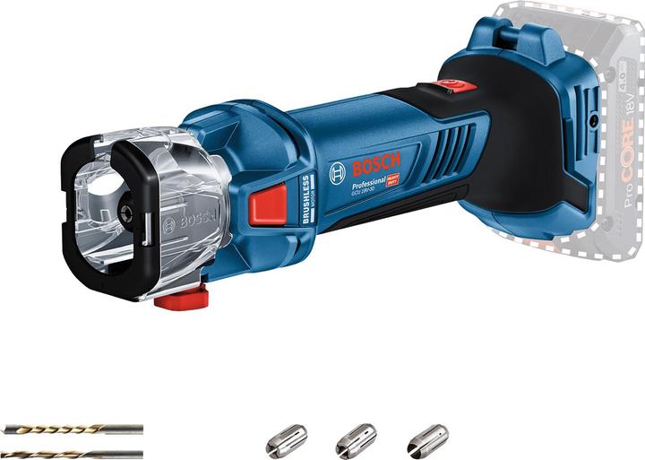 6, 3.96 mm (5/32), GCU 18V-30, 1 x belt hook, 1 x multi-purpose cutter 3.17 mm (1/8), 1 x suction adapter, 1 x drywall spiral groove cutter with guide tip, 3.17 mm (1/8), 3 x collet 3.17 mm (1/8)