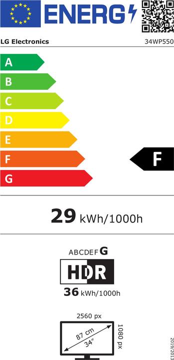 Label énergétique LG LCD ||34WP550-B|34"|21 : 9|Panneau IPS|2560x1080|21:9|60Hz|Mat|5 ms|Height adjustable|Tilt|Colour (2560 x 1080 pixels, 34")