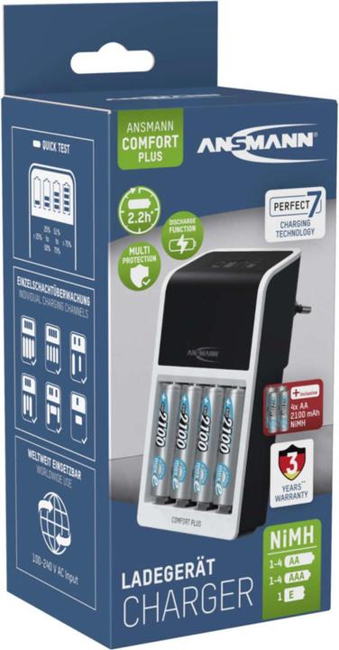 Immagine prodotto Ansmann Caricabatterie rapido Comfort Plus per batterie ricaricabili NiMH, AA o AAA (1 pz., AA, AAA, 2100 mAh, Batteria + Caricabatterie)