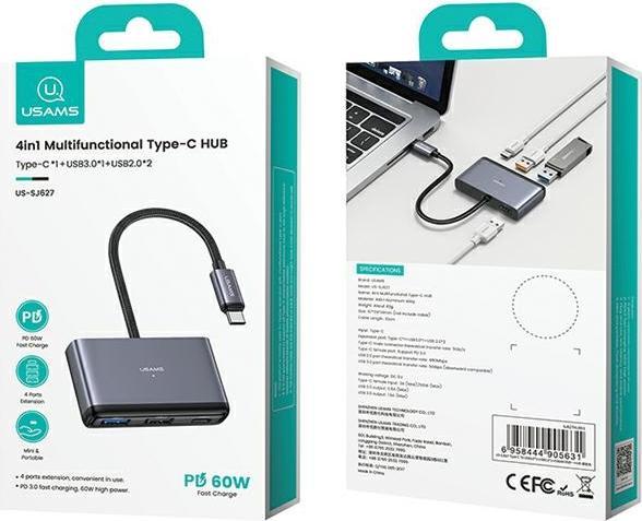 Actual product image Usams US-SJ627 4in1 Multifunctional Type-C HUB Type-C*1+USB3.0*1+USB 2.0*2 (USB-C, 4 Ports)