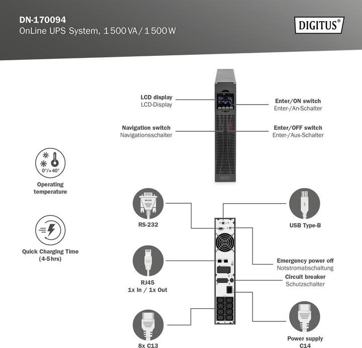 Actual product image Digitus OnLine UPS system, 1500 VA / 1500 W (1500 VA, 1500 W, Online double converter UPS)