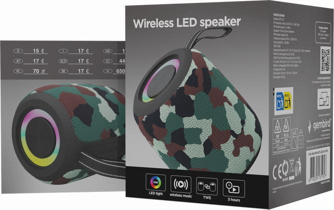 Actual product image Gembird Wired speakers Portable Speaker||Camouflage|Portable/Wireless|Bluetooth|SPK-BT-LED-05-CM (4 h, Rechargeable battery operated)