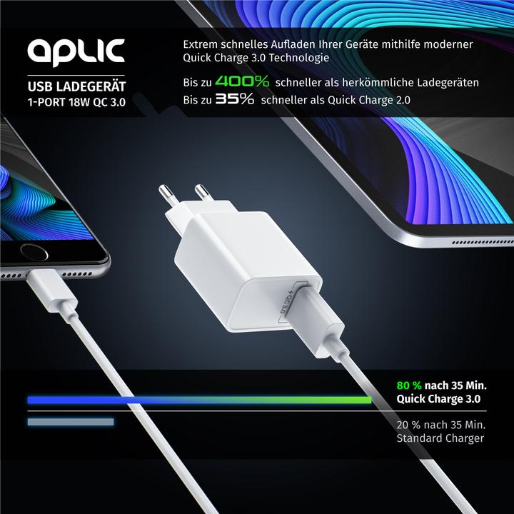 Actual product image Aplic USB charger 18W Quick Charge 3.0, fast charging function, for smartphones, tablets, white (18 W)