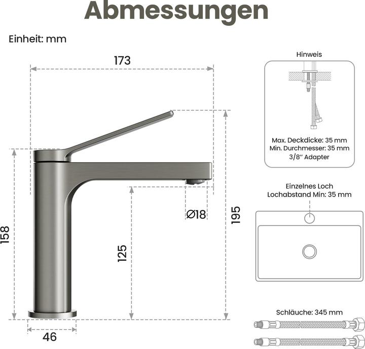 Actual product image Emke Bathroom tap, anthracite matt, mixer tap washbasin, brass, with aerator, ceramic cartridge