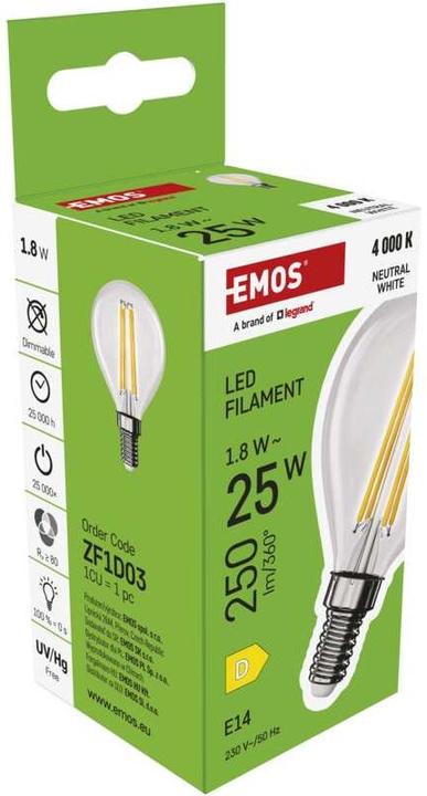 Produktbild Emos LED Lampe Filament Mini Globe / E14 / 1,8 W (25 W) / 250 lm / Neutral Weiss (E14, 1.80 W, 250 lm, 1 x, D)