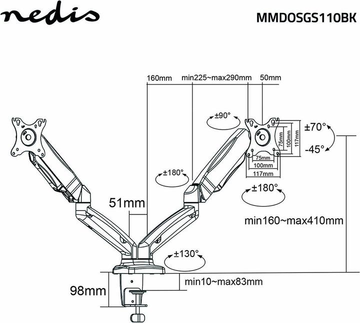 Produktbild Nedis Schreibtisch Monitorhalterung | Gasfeder | 2 Bildschirm(e) | 15 - 32 " | 75x75 / 100x100 | Vol (Tisch, 32")