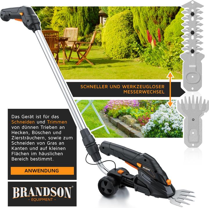 Produktbild Brandson Akku Grasschere, elektrische Garten Strauchschere, Teleskopstange 90-130 cm mit Rädern, Rasenschere (Akkuheckenschere)