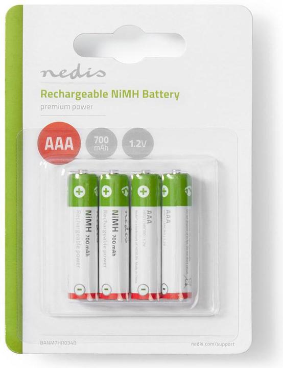 Produktbild Nedis Wiederaufladbarer NI-MH-Akku AAA 1.20 V AAA 700 mAh vorgeladen Blister 4 Stück, BANM7HR034B (4 Stk., AAA, 700 mAh)