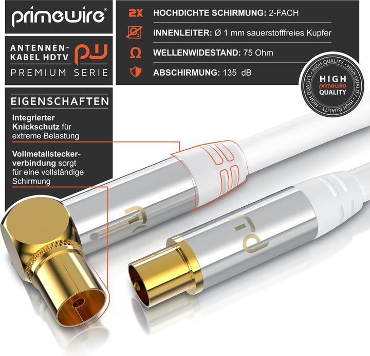 Actual product image Primewire Antenna cable angled, coaxial cable 75 Ohm HDTV, radio, DVB-T DVB-T2 DVB-S2 TV antenna cable (135 dB, Antenna cable)